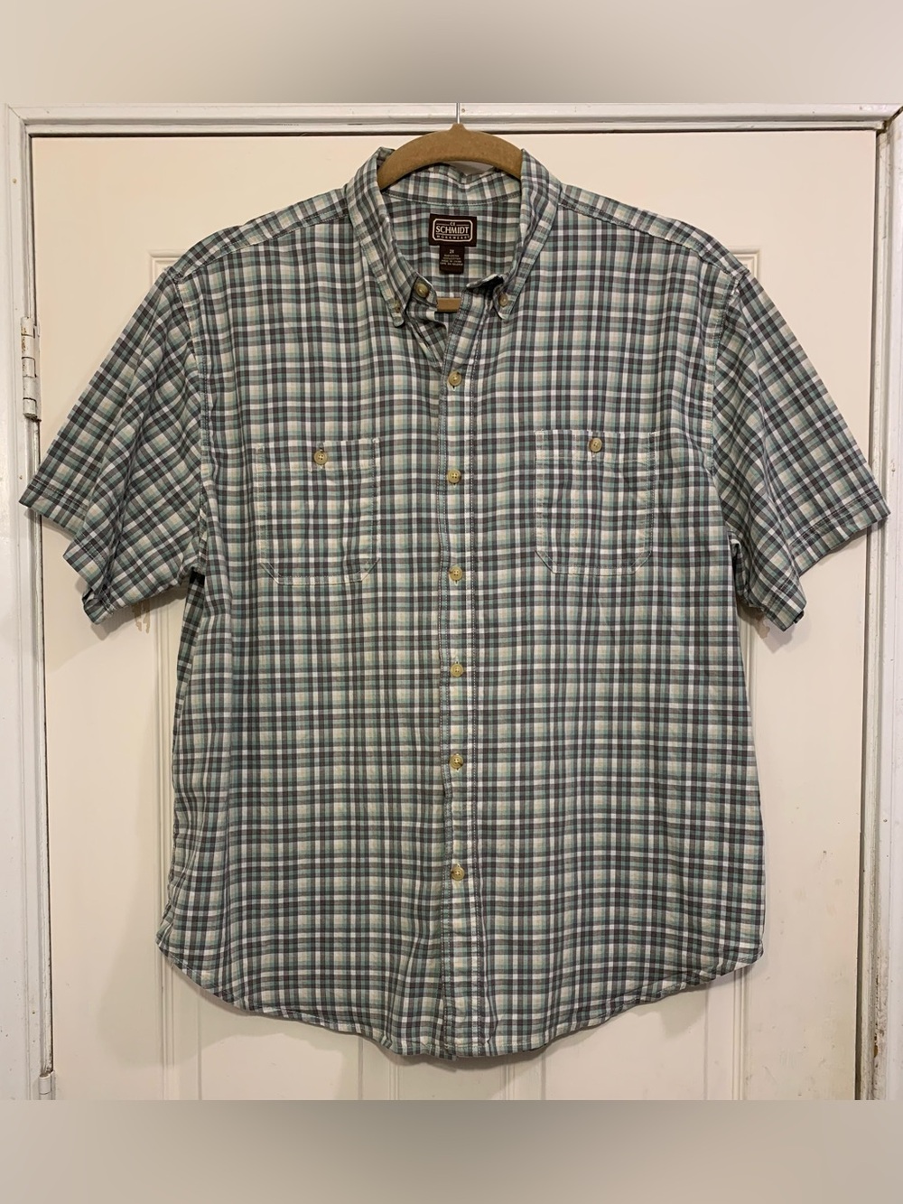 Schmidt Men’s Utility Green Gray Plaid Short Sleeve Button Up 2x Shirt      3357